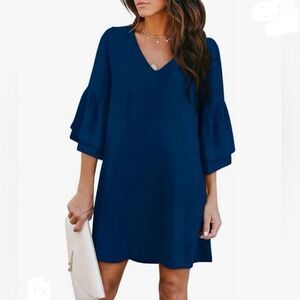 3/$15 Belongsci Navy Blue Ruffle Bell Sleeve Dress M NWT